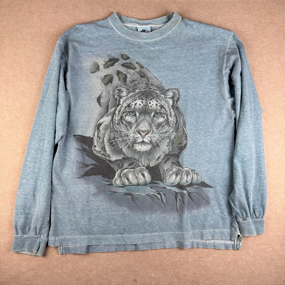 Vintage Harlequin Shirt Mens M Blue Long Sleeve Snow Leopard Wildlife Animal USA